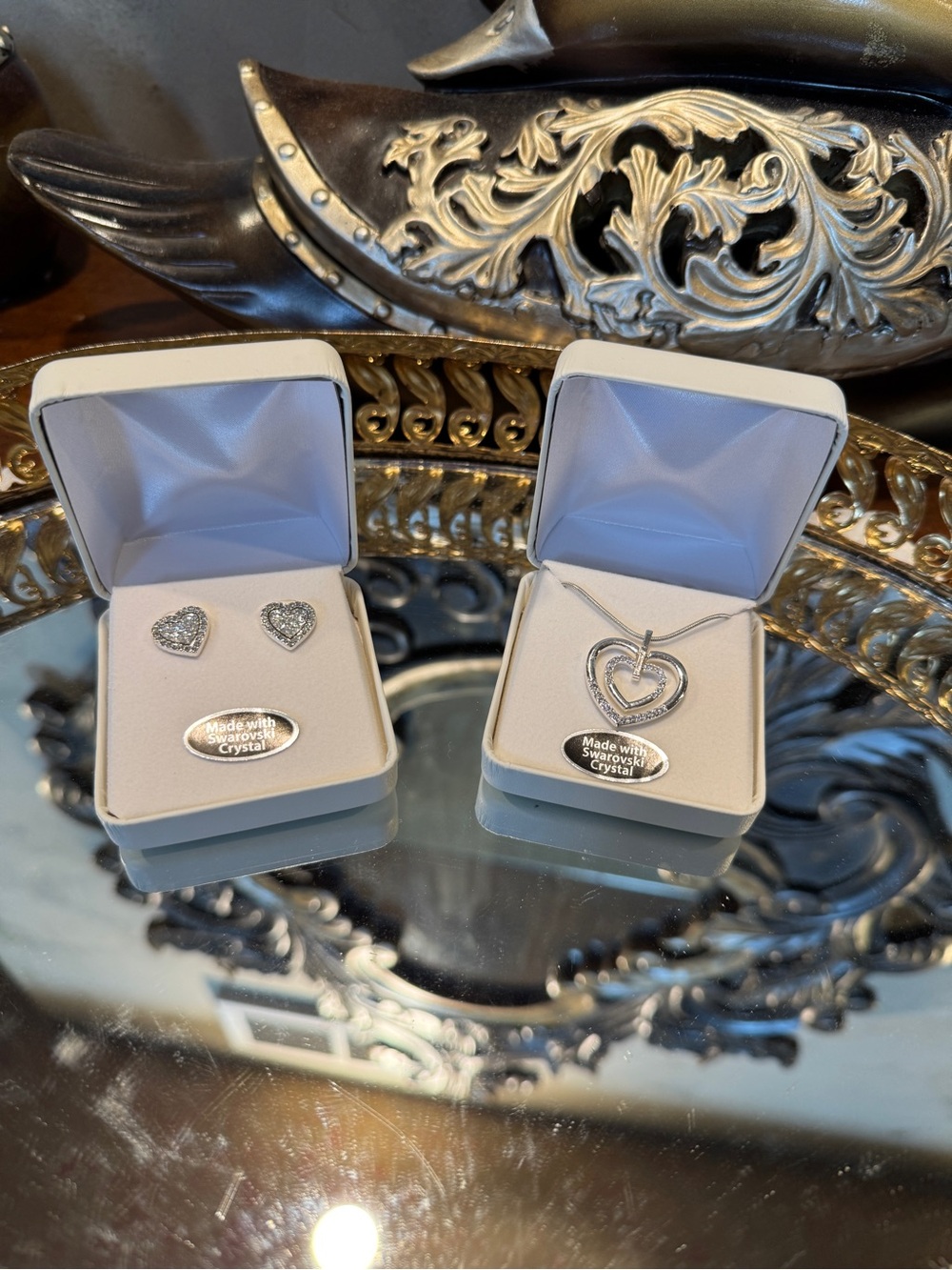 Heart Pendant Necklace and Stud Earrings Set - Silver with Crystals